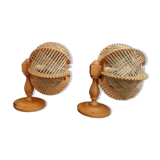 Pair of wooden wood straw wall sconce lamps rustic vintage France