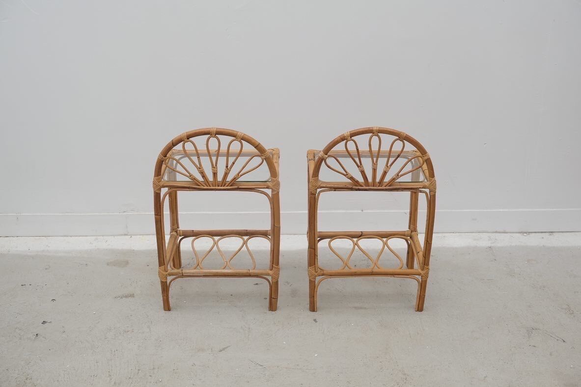 Pair of rattan and glass bedside tables, France 1970