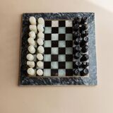 Vintage Marble Chess Set in Black and Cream Stone with Hand-Carved Pieces, Italian 1960s