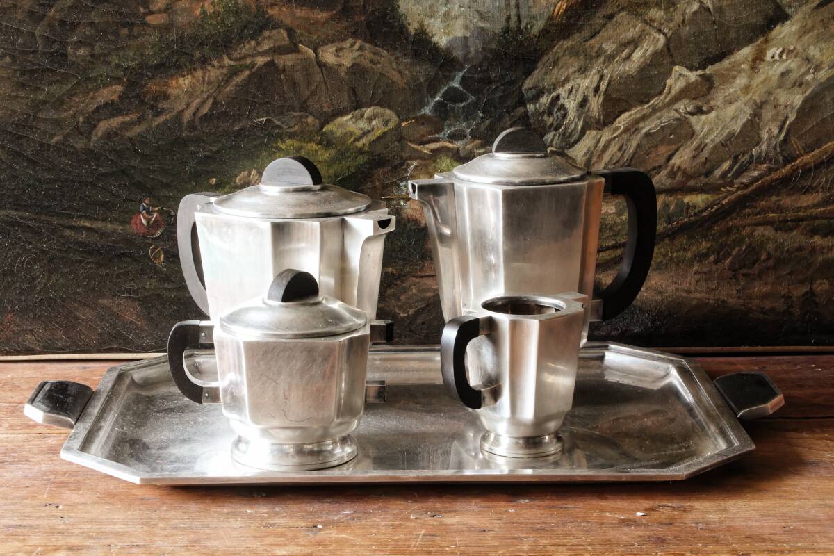 Service à café / thé, art déco en métal argenté et ébène