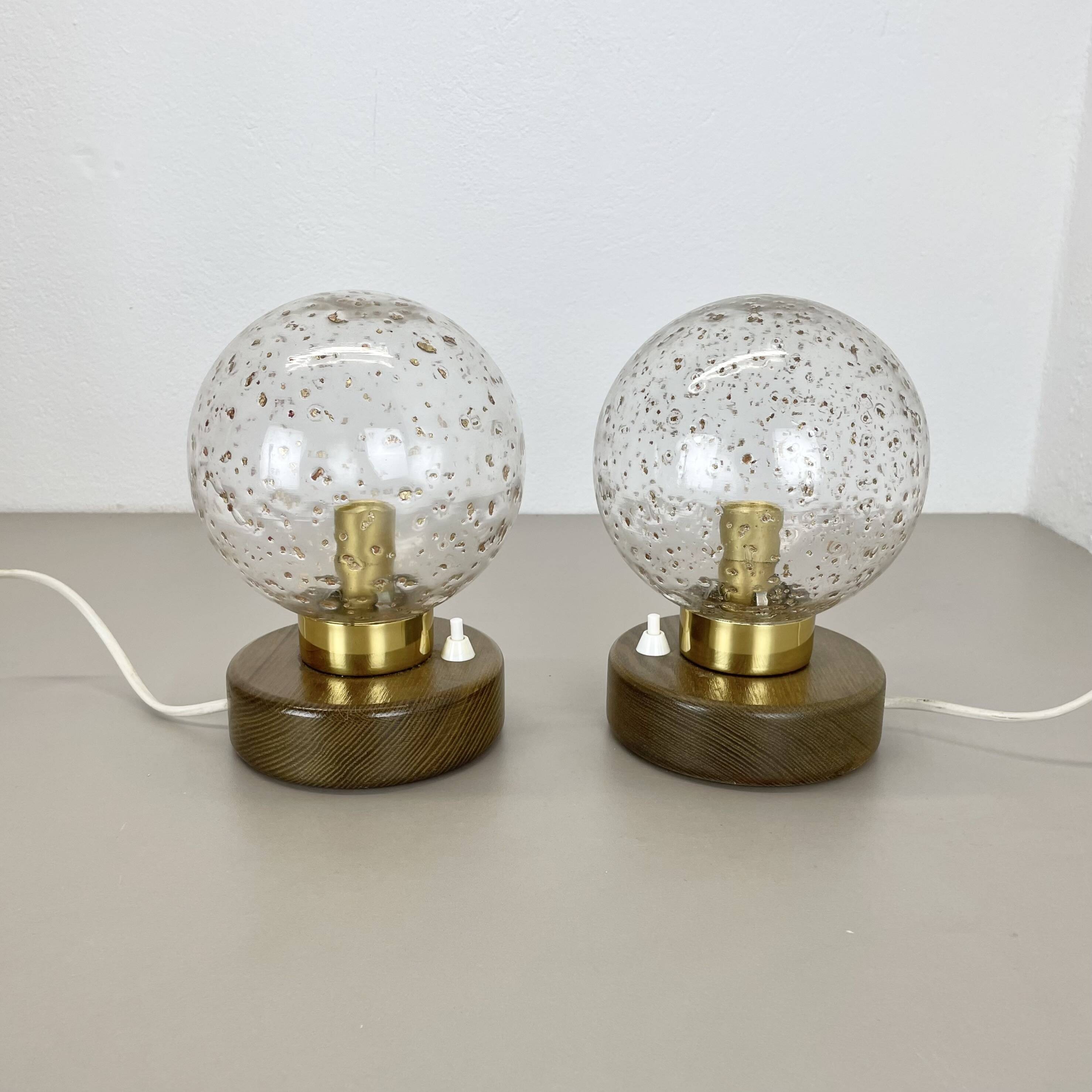 Set of 2 glass ball and oak Wooden Table Lights by Temde Lights, Germany 19