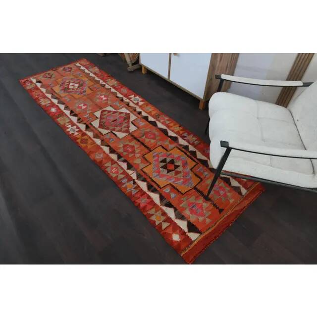 1970s Turkish Oushak Handmade Wool Cotton Orange Runner Rug 79x254