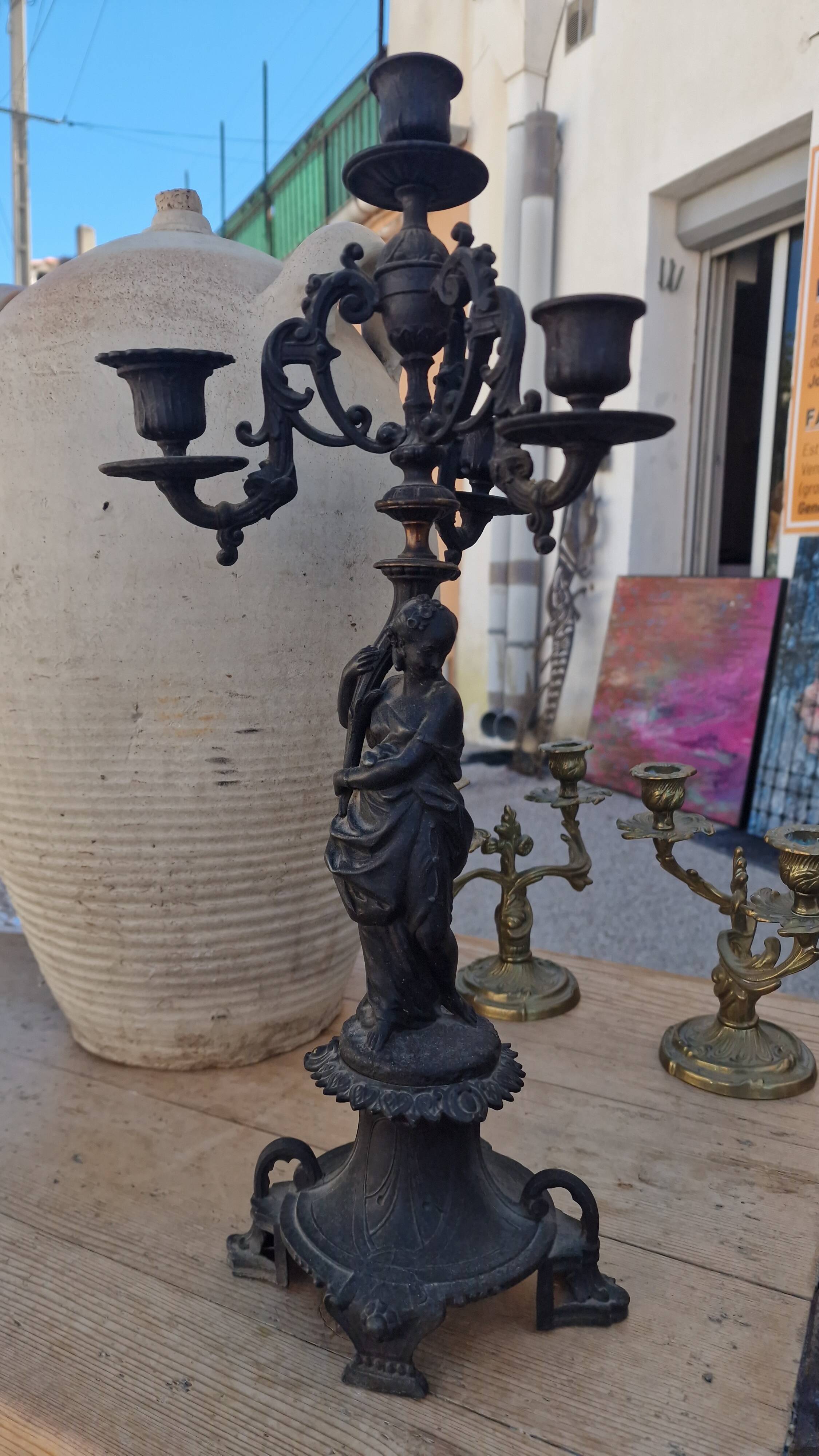 Large antique candelabra in black patinated babbitt – 19th century