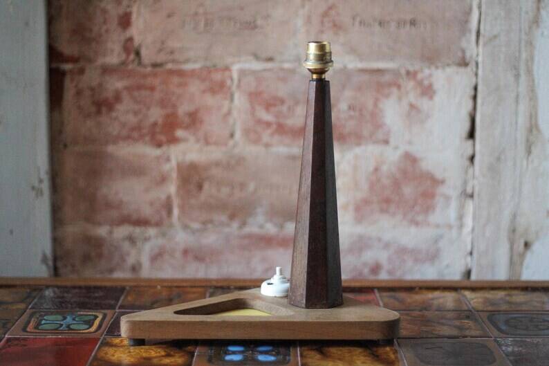 Art Deco lamp, table lamp, bedside lamp, conical wooden lamp with triangular base, 40s.