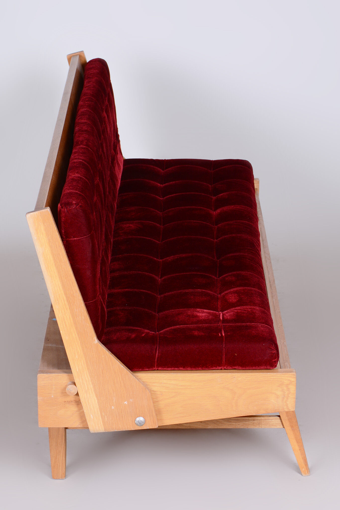 Red Midcentury Modern Oak Sofa, 1950s, Original well preserved upholstery