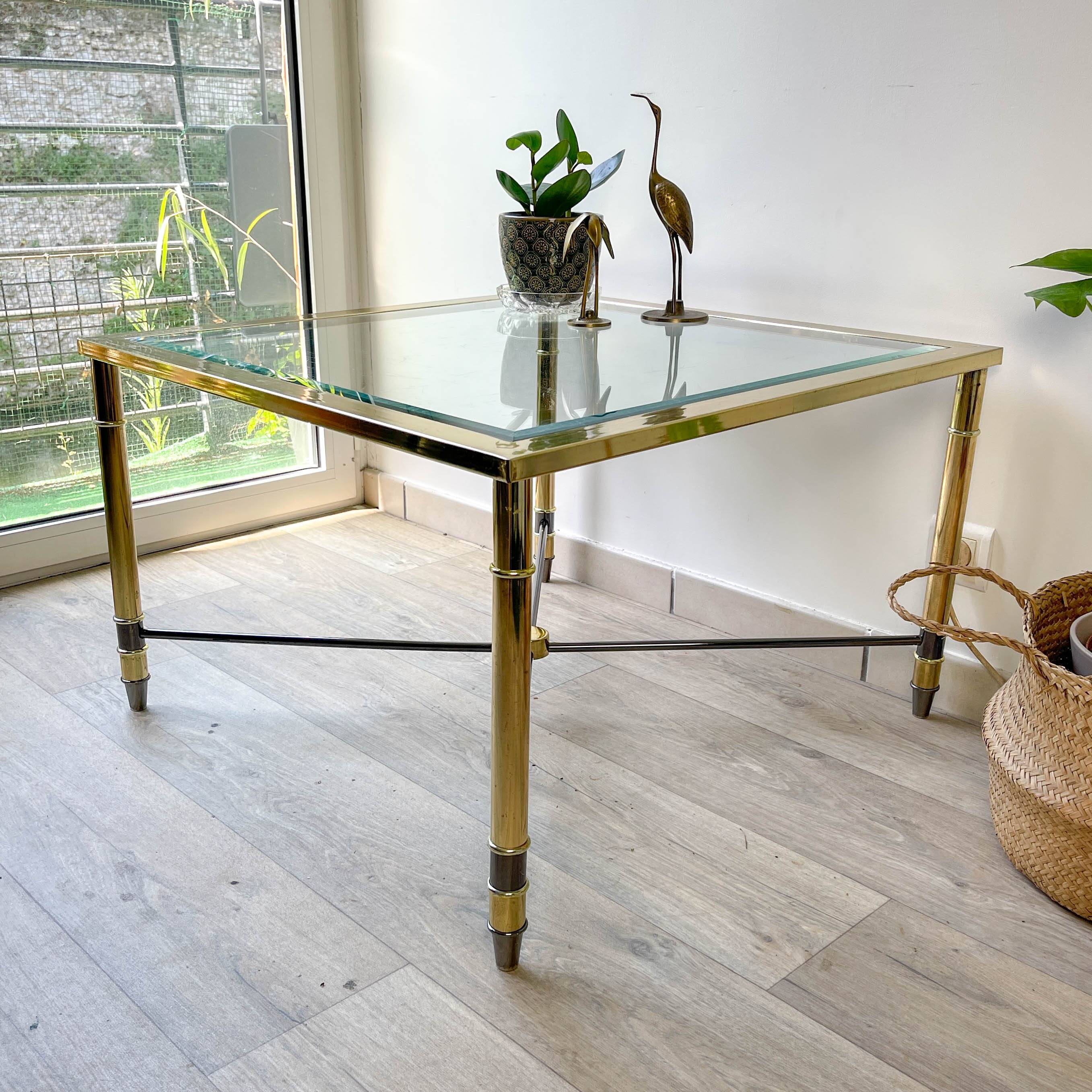 Vintage Brass and Square Beveled Glass Coffee Table