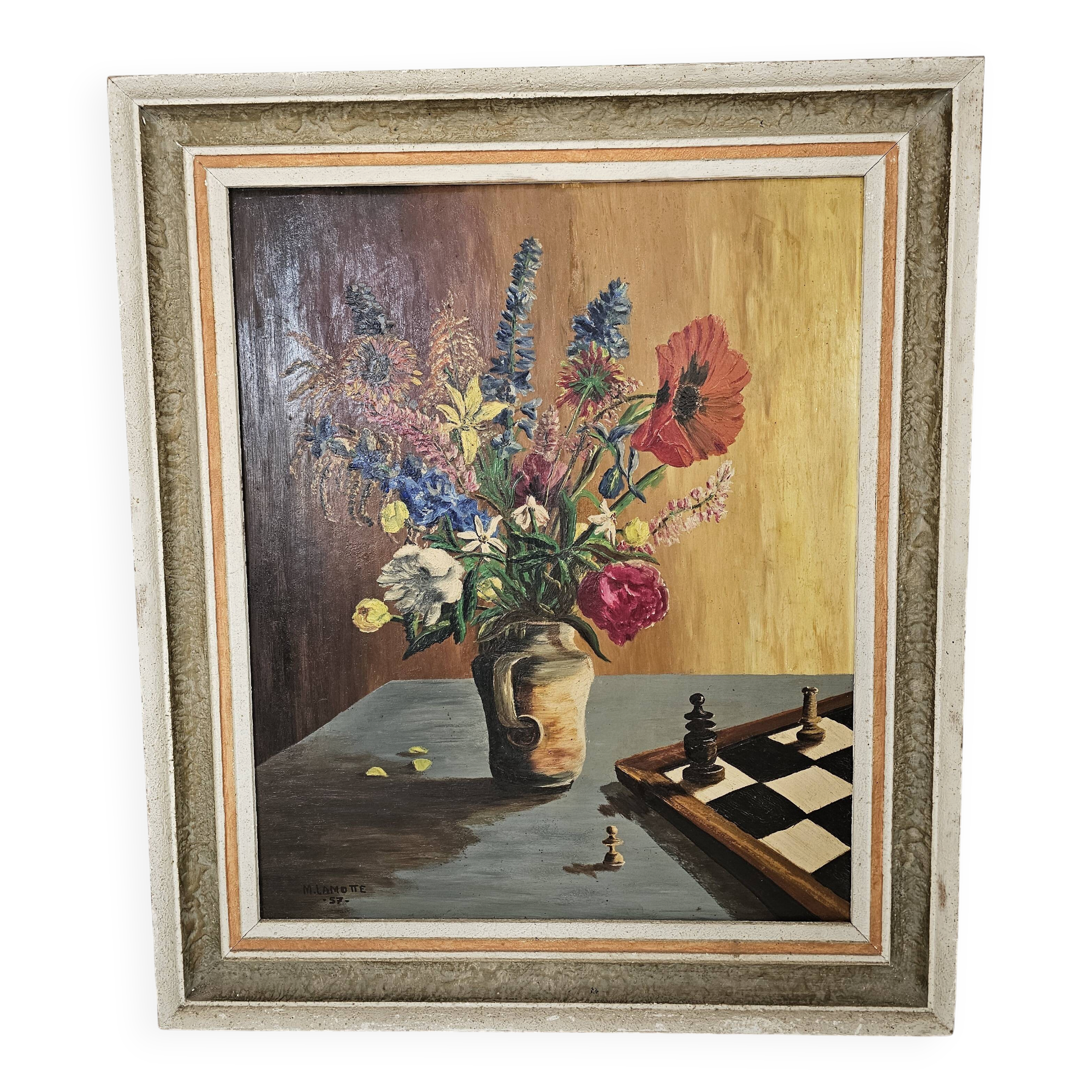 Oil on Isorel - Flower Bouquet / Chess Set - Michel Lamotte
