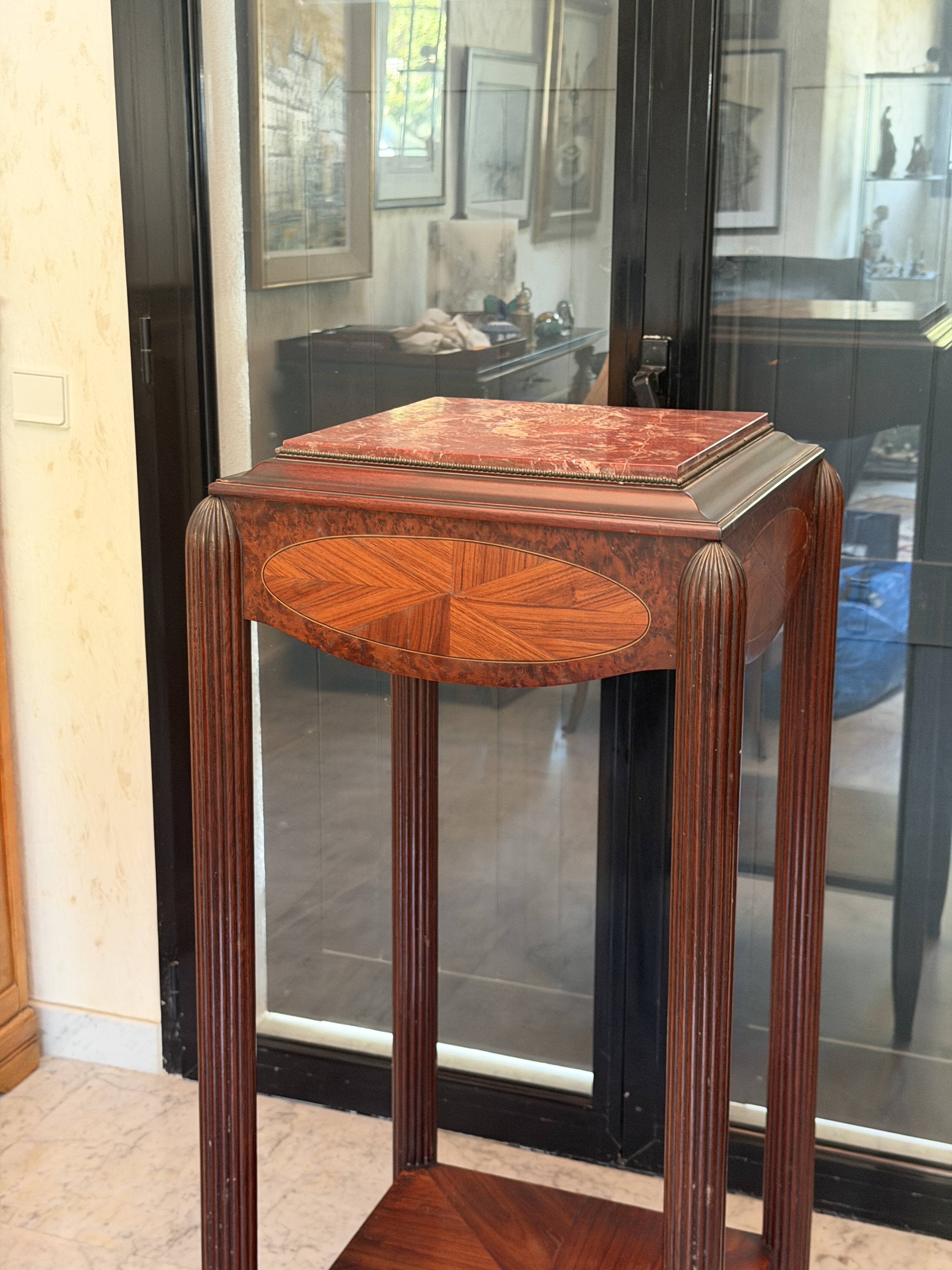 Elegant antique side table in marquetry and red marble – Louis XVI style