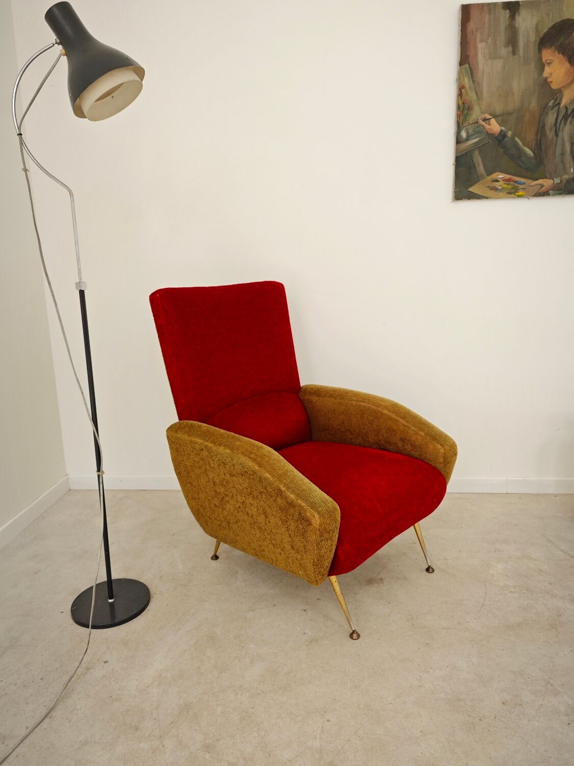 Red and mustard yellow fabric armchair in 1970s style