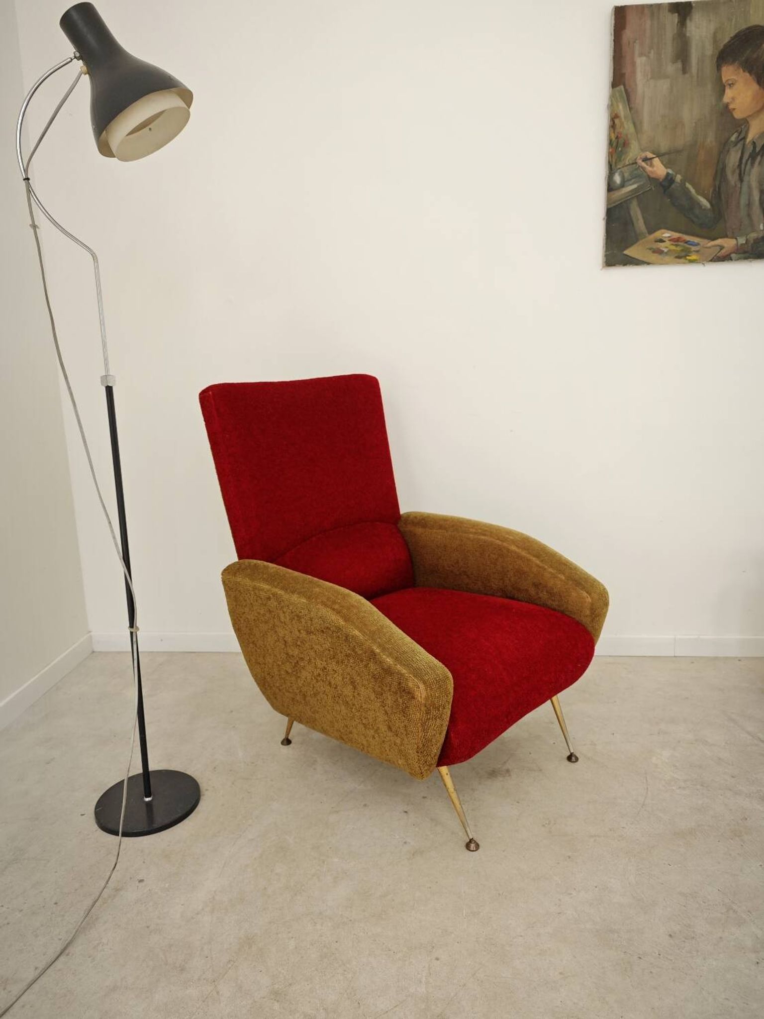Fauteuil tissu rouge et jaune moutarde style bouclette 1970