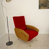 Red and mustard yellow fabric armchair in 1970s style