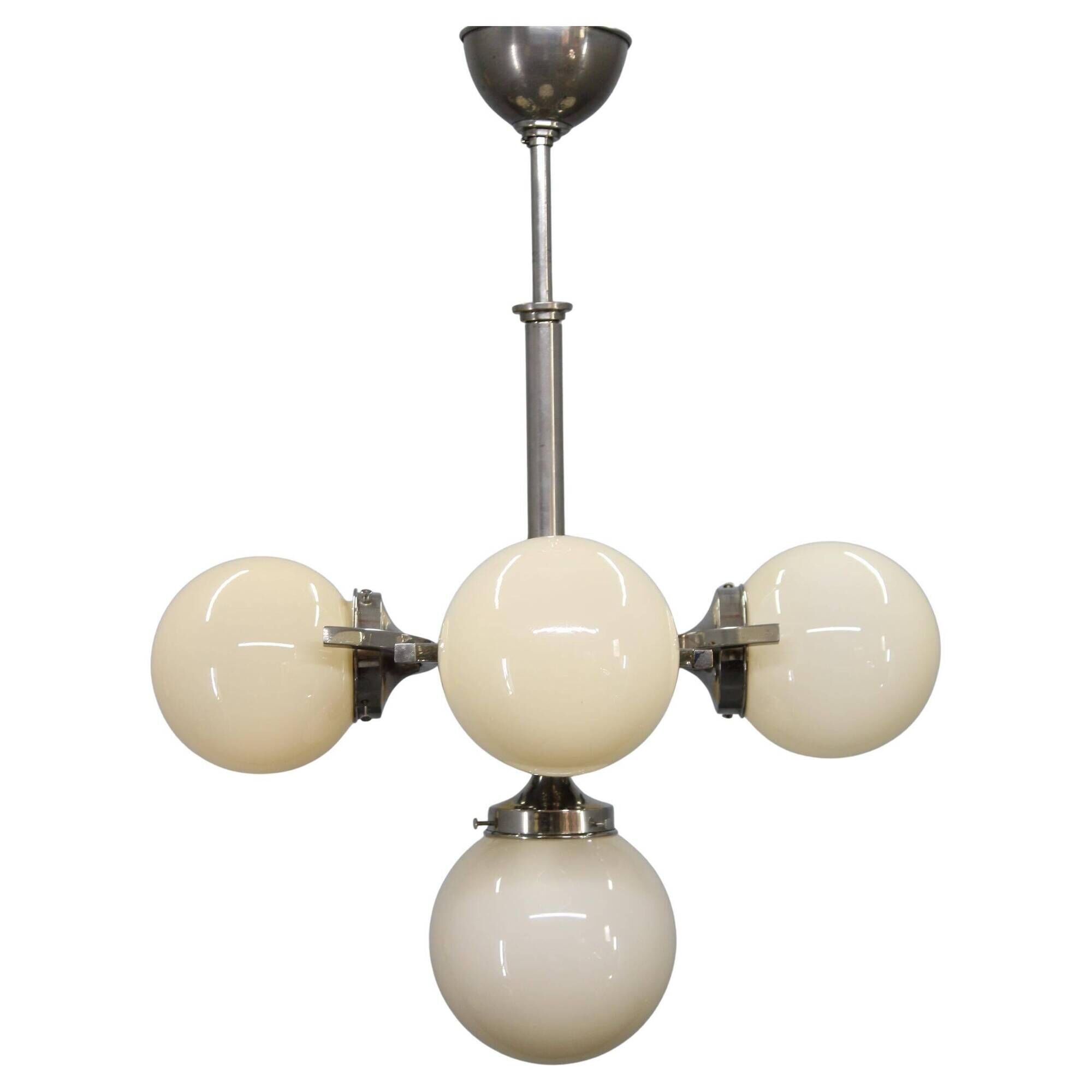 Czechoslovak Art Deco nickel chandelier with five opaline glass globes