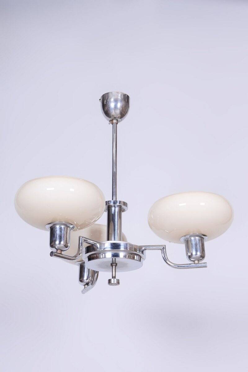 Bauhaus Chandelier in Chrome-Plated Steel and Opaline Glass, Czech, 1930s
