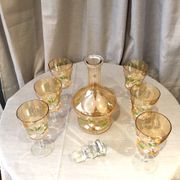 Service of 6 glasses and 1 carafe painted glass and enamel decorated with small flowers