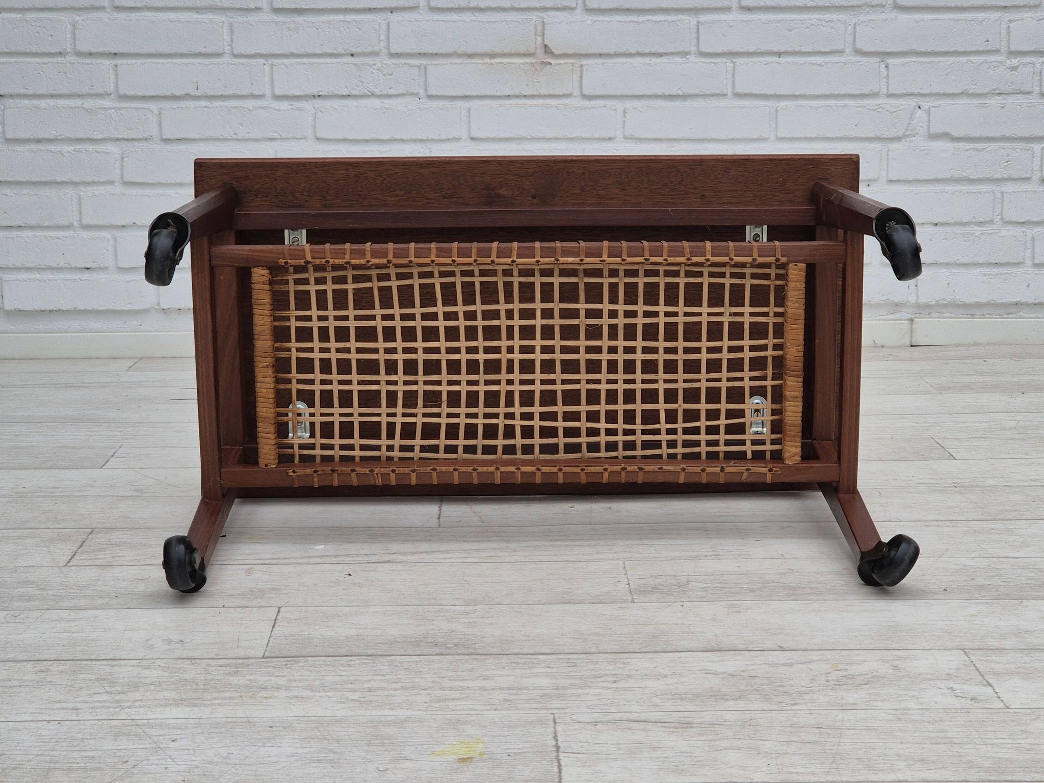 1970s, Danish side table, original very good condition, teak wood, rattan.