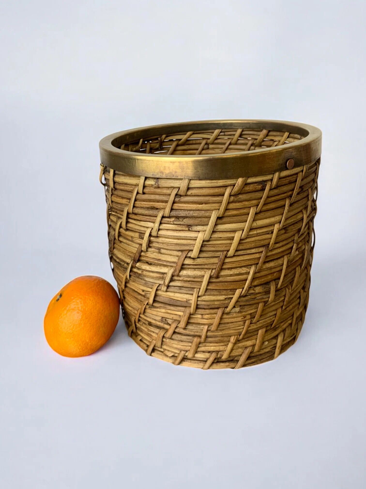 Rattan and brass basket, Italy, 1970s, 16 cm diameter