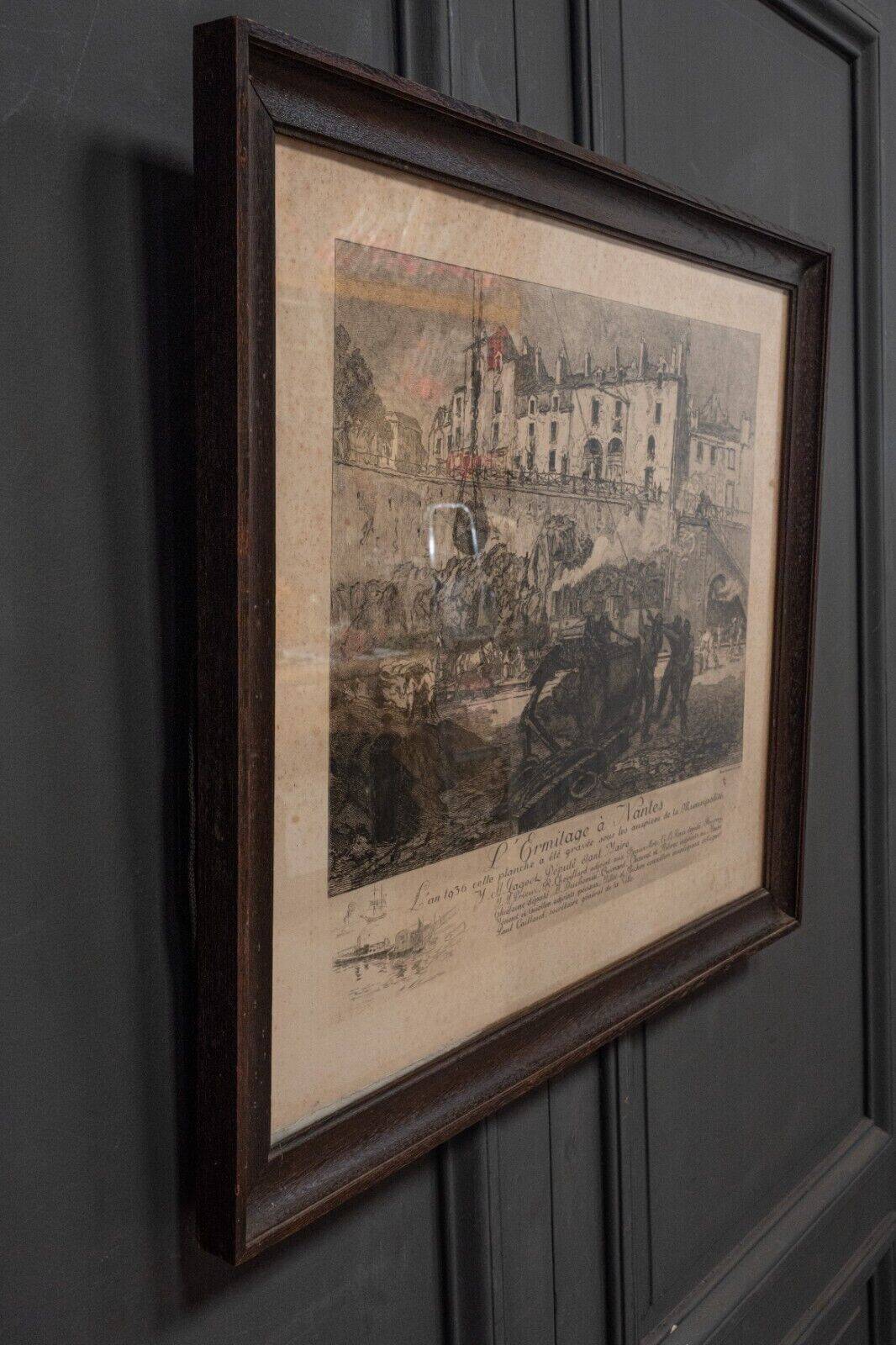 Engraving by René Pinard L'Ermitage in Nantes numbered natural wood frame