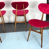 Set of four red velvet and wood dining chairs, Italy 1950