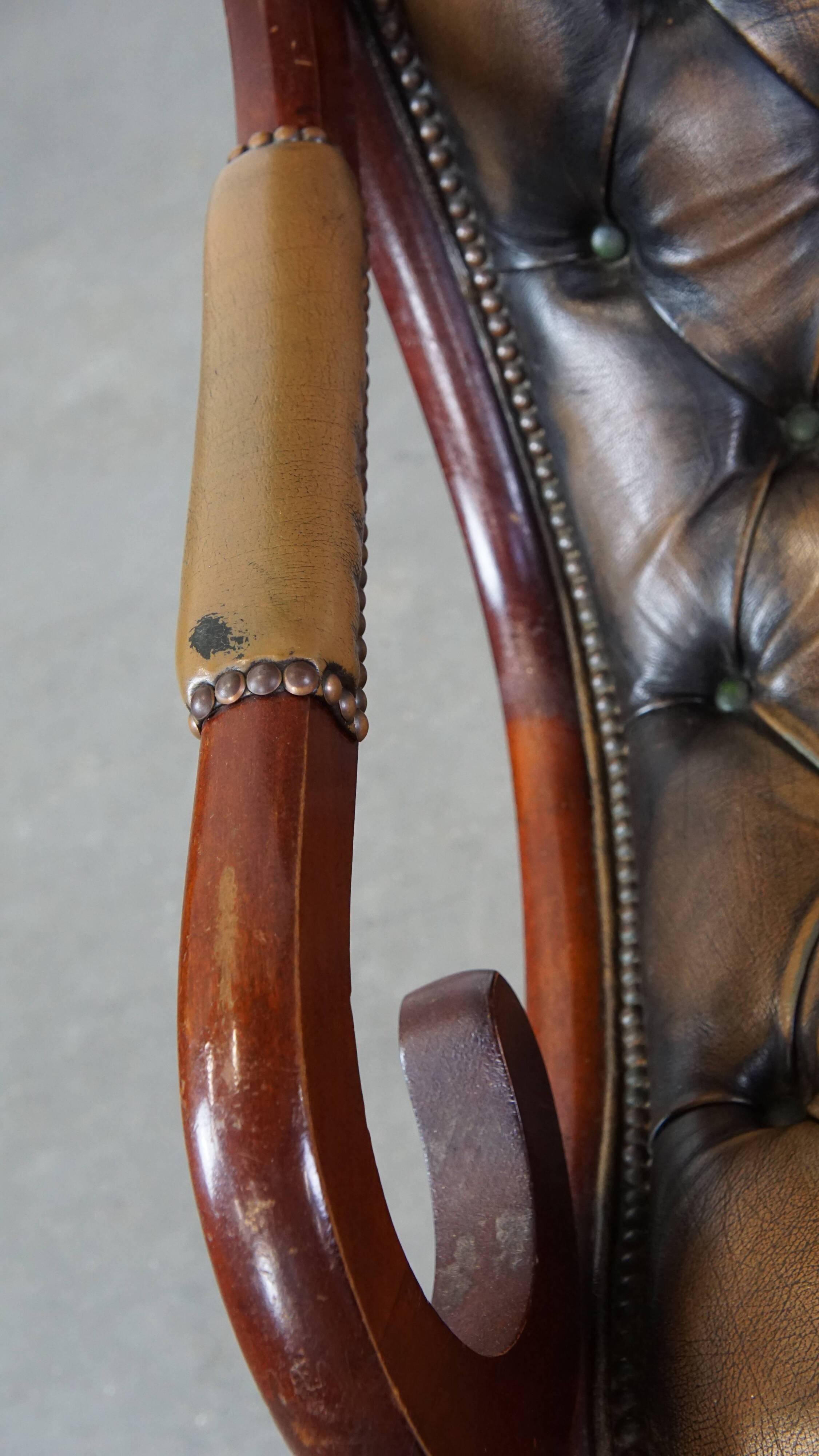 Green Vintage English Chesterfield Armchair with Wood Accents