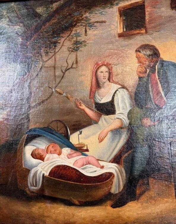 19th century oil painting on canvas: The spinner and the soldier