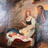 19th century oil painting on canvas: The spinner and the soldier