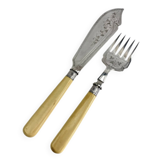 Antique Victorian fish serving cutlery, bone and silver-plated metal