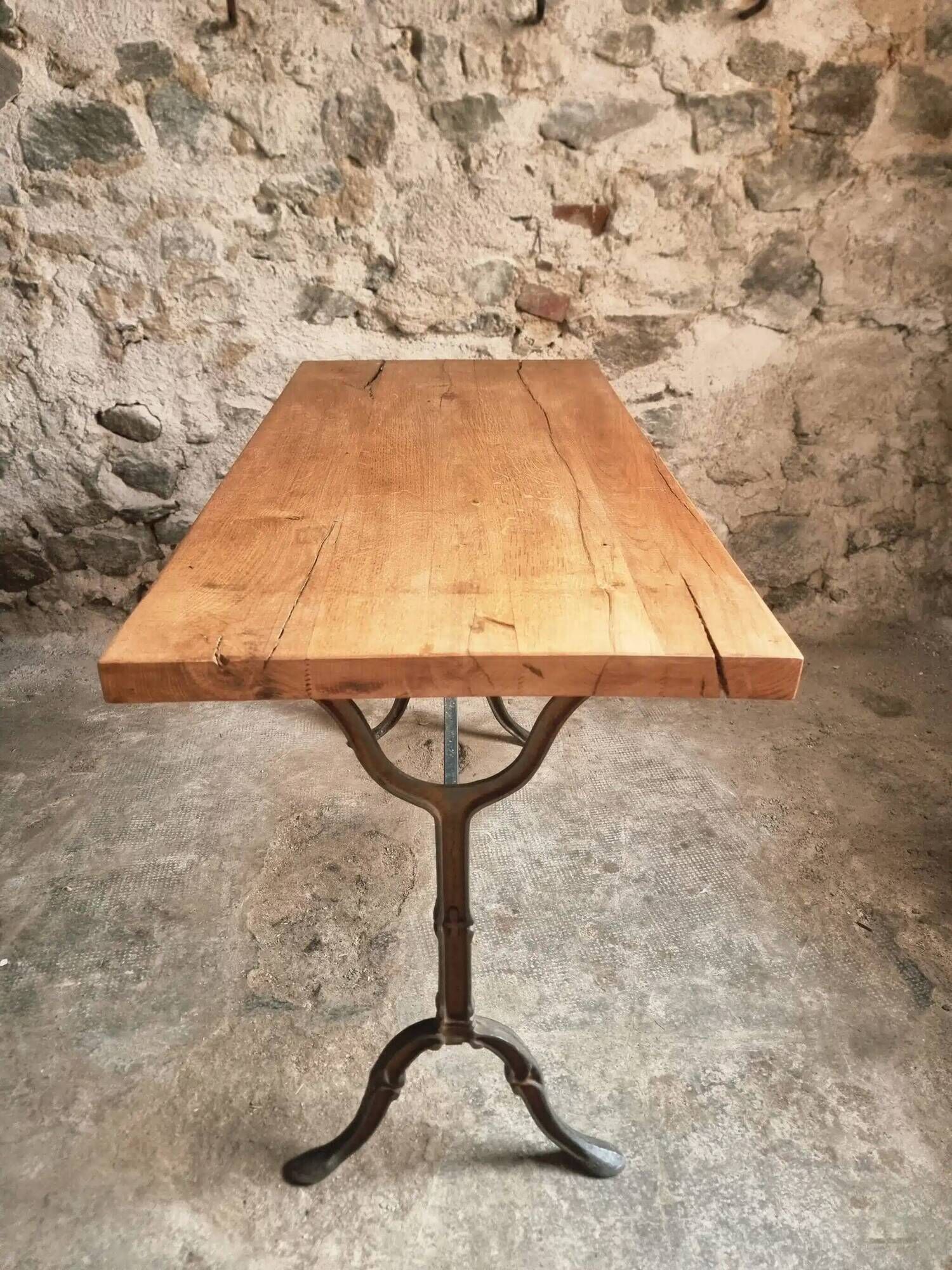 Vintage French Bistro Table | 1960s/70s Oak Top & Cast Iron Base | Retro Coffee & Wine Table