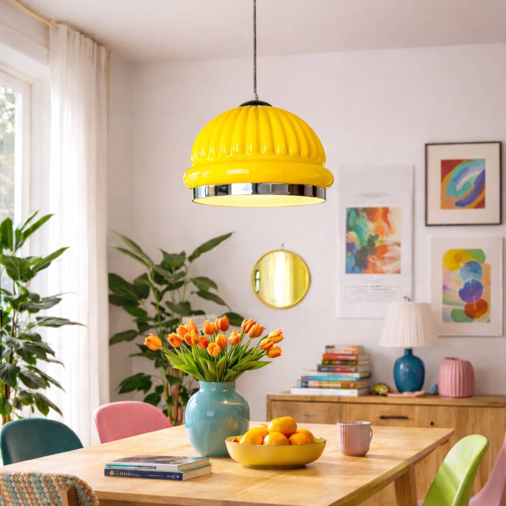 Large Space Age yellow glass hanging light