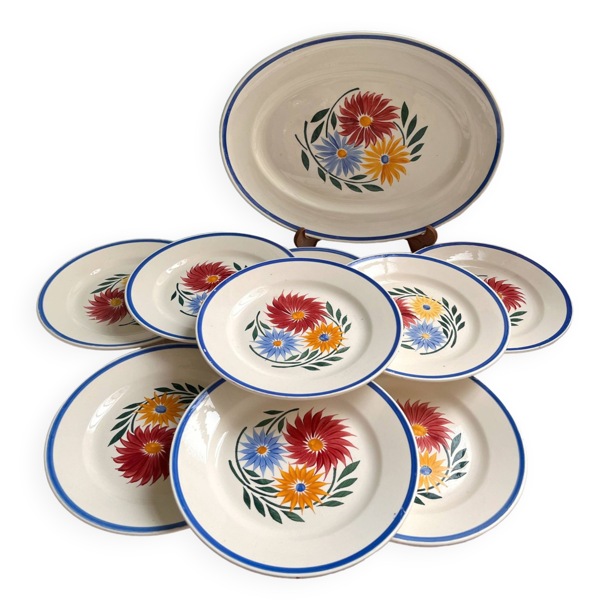 Vintage iron earthenware dessert service - floral model - Rustic HBC Choisy le Roi