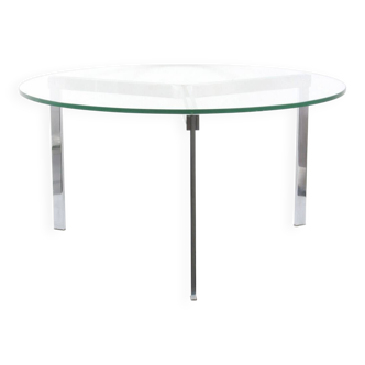 Modernist glass coffee table with stainless steel base