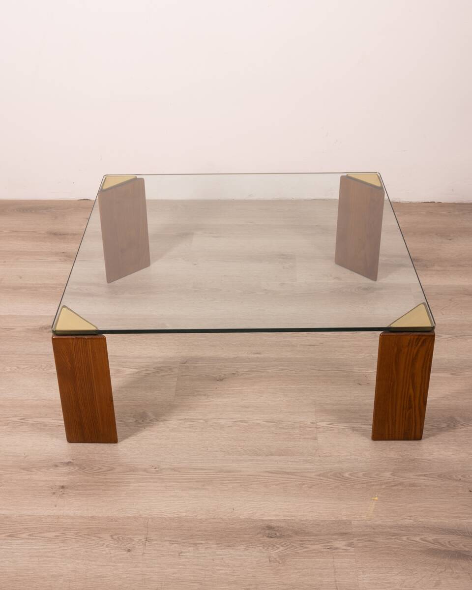 Vintage 80's table in wood, brass and glass, italian design