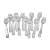Alfénide, Christofle Paris, 12 fourchettes à huitres, Art Déco en métal argenté.