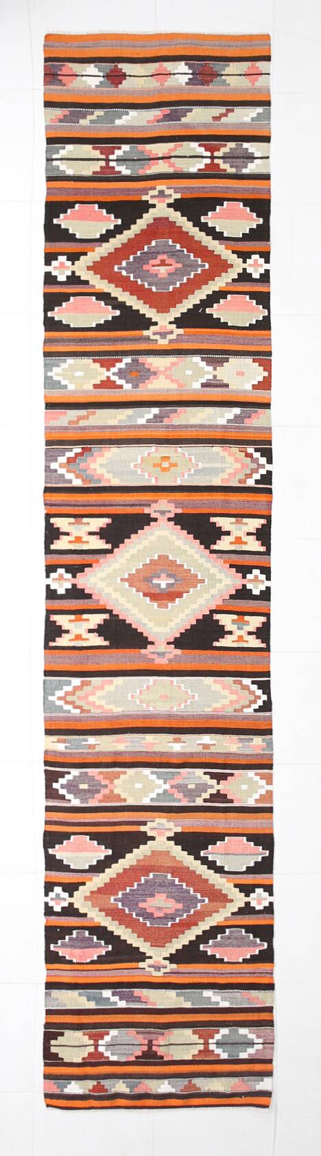 Pink & Brown Turkish Vintage Kilim Runner Rug, 77x387Cm