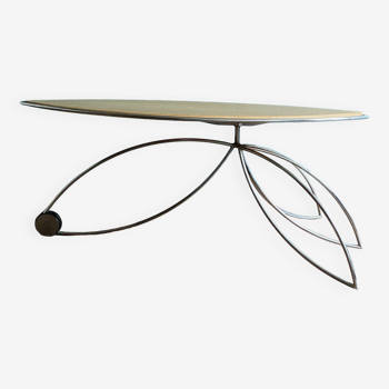 Shuttle-shaped toptop coffee table in blond laminate and chromed metal, 70s