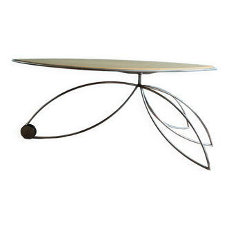 Shuttle-shaped toptop coffee table in blond laminate and chromed metal, 70s