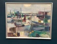 Large Original Swedish Oil on Canvas – “Port” by Finn Hillerup – Signed – Vintage & Framed