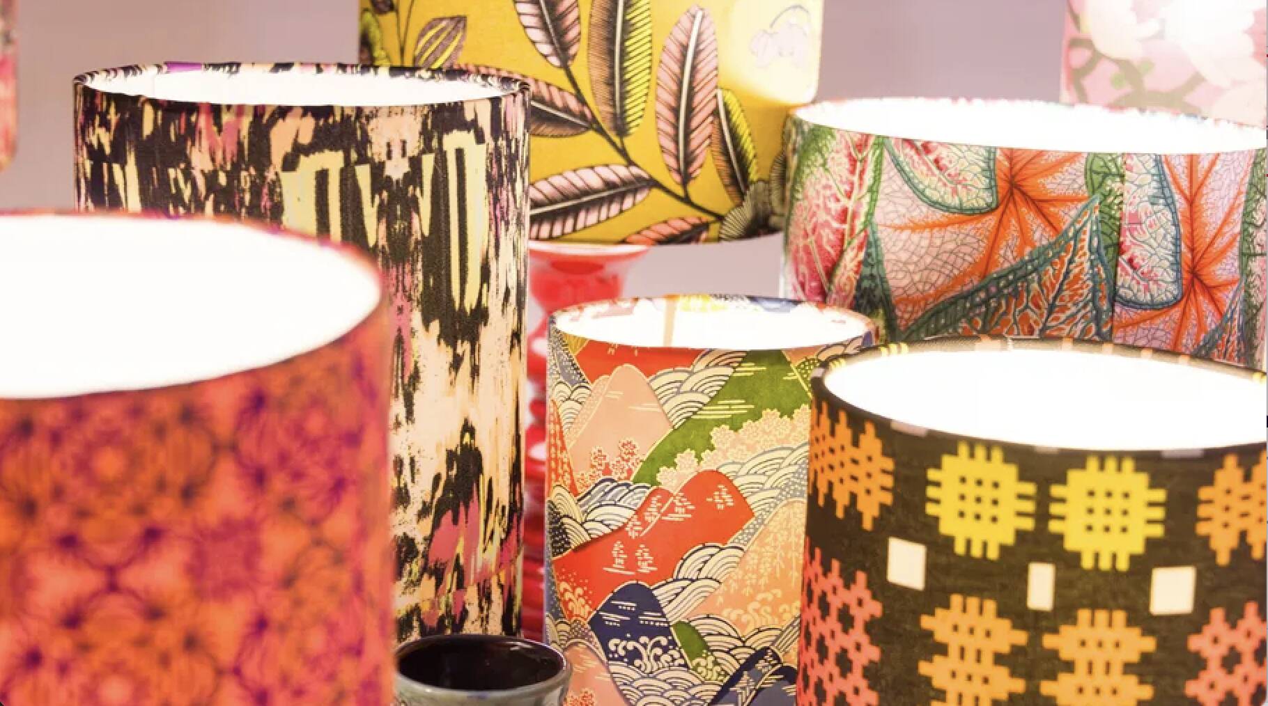 Lampshade covered with modern Japanese fabric featuring a floral pattern.