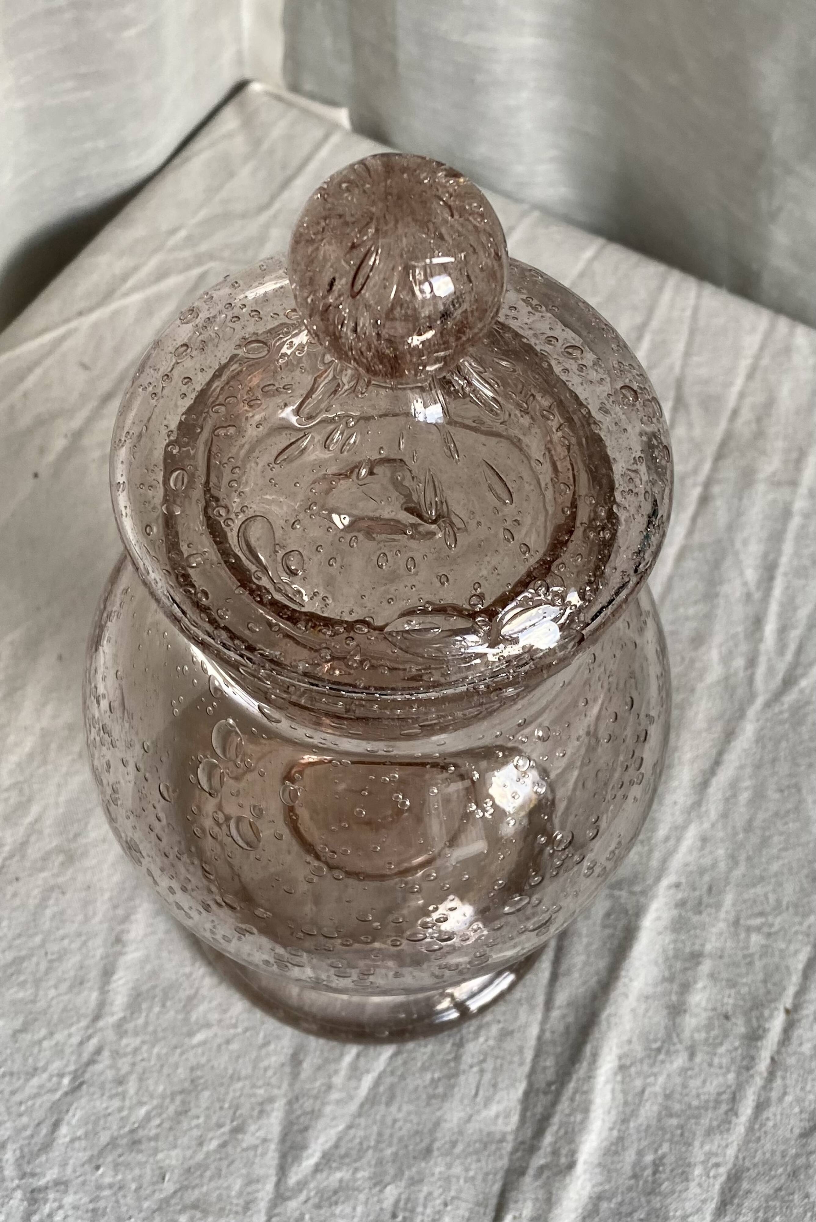 Lilac bubble glass jar with lid, signed Biot, vintage 1960-70