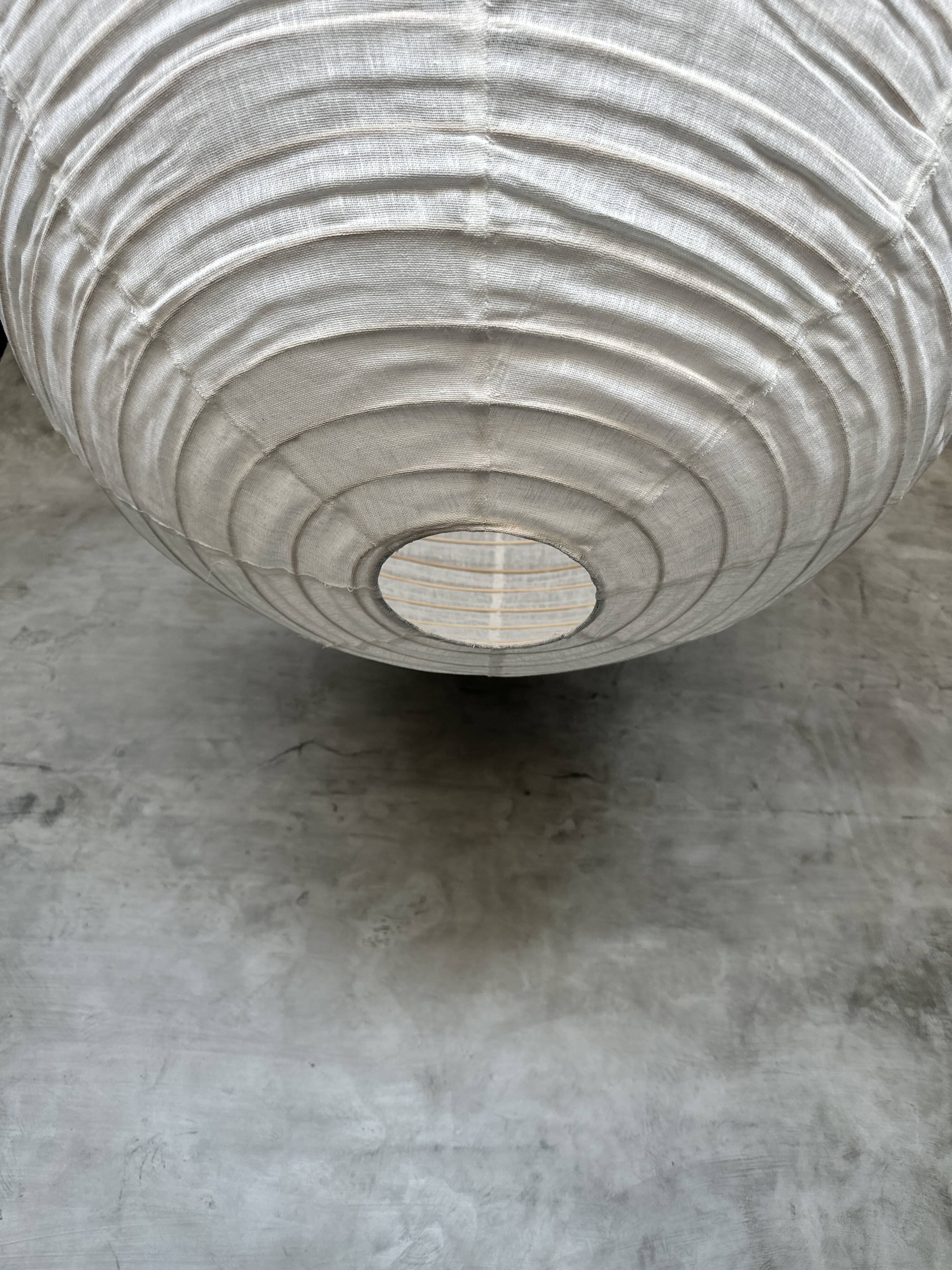 Very large round Japanese-style rattan and natural linen pendant light D:80