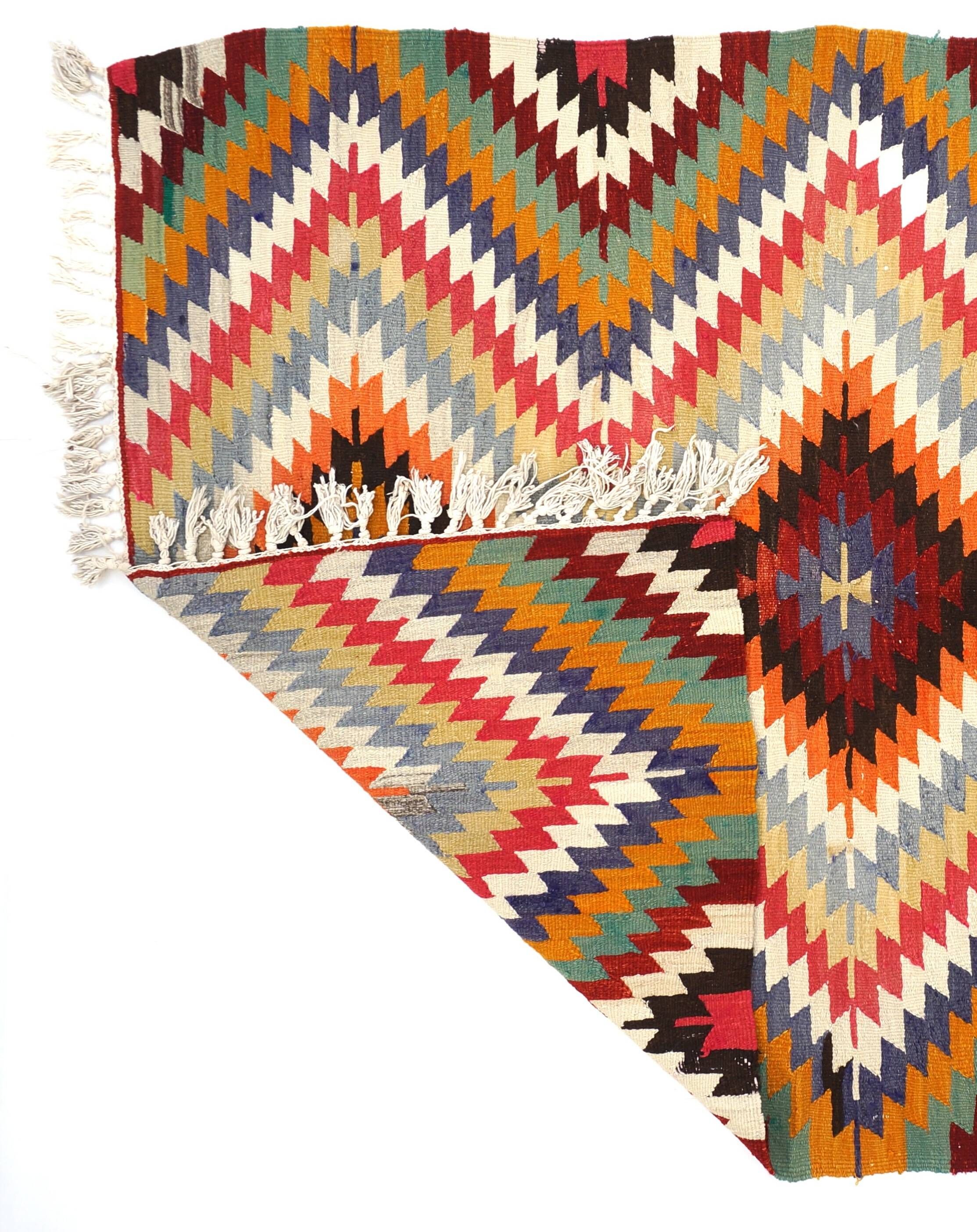 Tapis Kilim Vintage Zigzag – Tissage Anatolien à Motifs Diamants