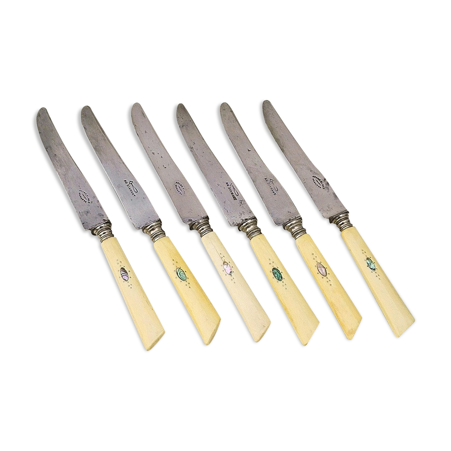 Six old bone handle knives and vintage mother-of-pearl