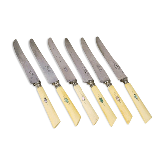Six old bone handle knives and vintage mother-of-pearl