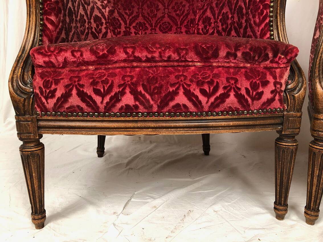 Pair of Transition period armchairs, trimmed with burgundy velvet