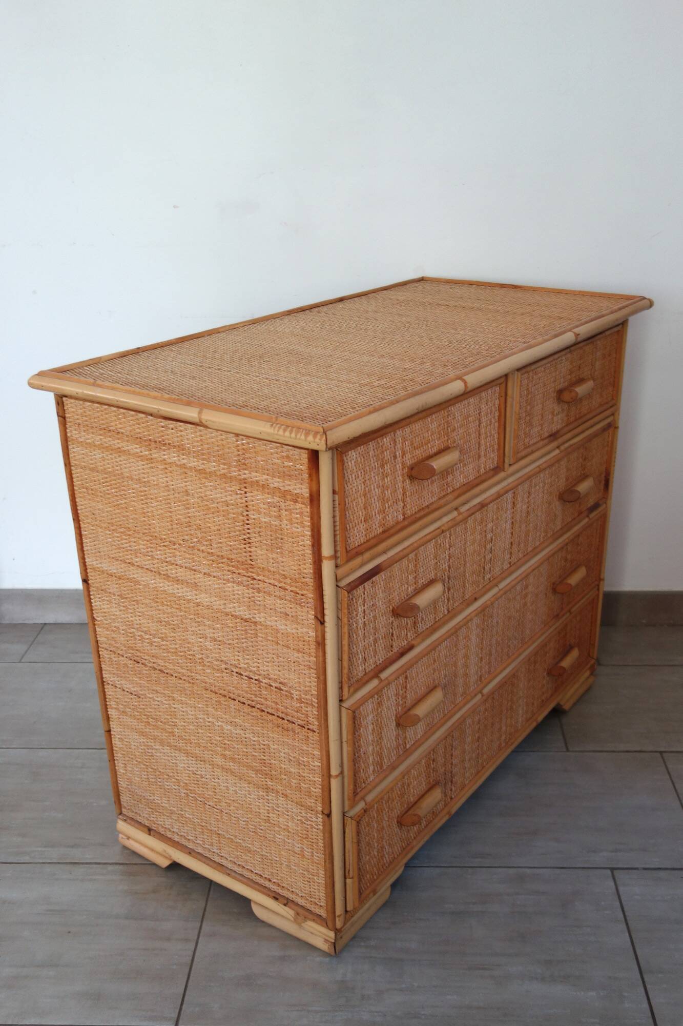 Chest of drawers with 5 wicker and bamboo drawers, 70s/80s.