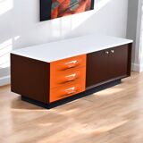 Meuble TV DF-2000 en marron, orange et blanc de Raymond Loewy.