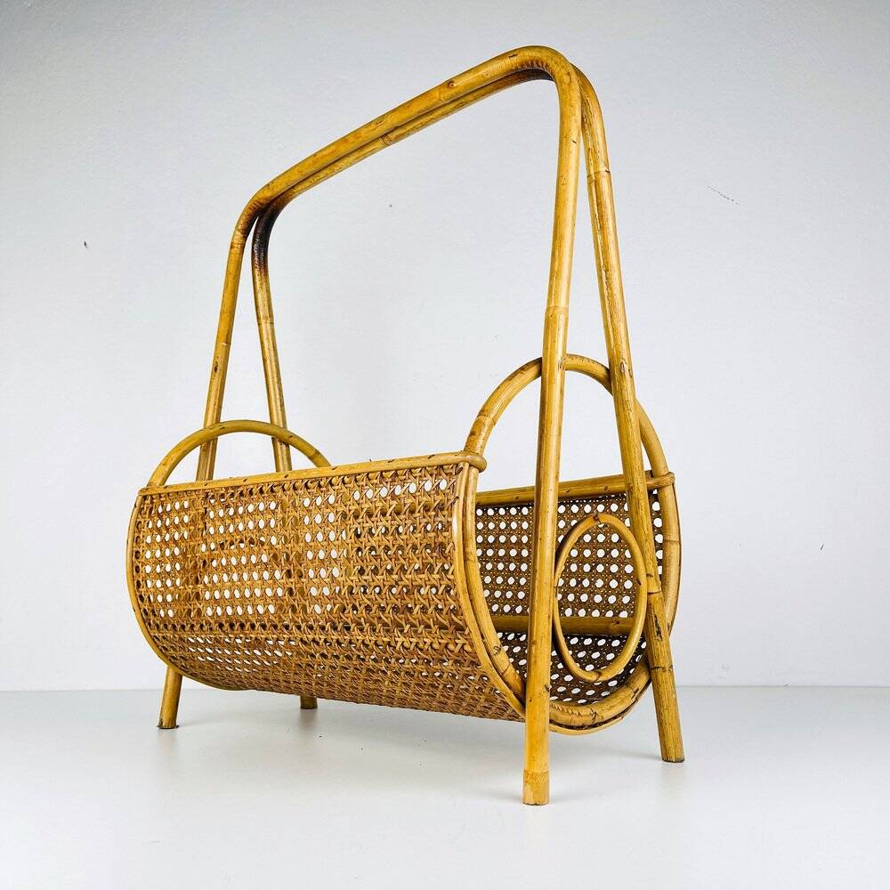 Vintage bamboo and Vienna straw magazine rack, Italy, 1960s.