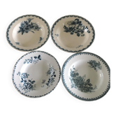 4 mismatched earthenware soup plates with blue floral patterns