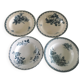 4 mismatched earthenware soup plates with blue floral patterns