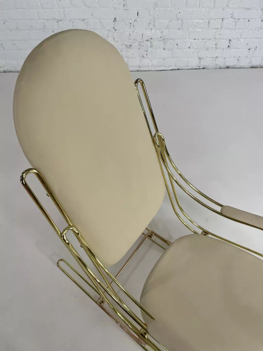 60s rocking chair in brass and ecru faux leather