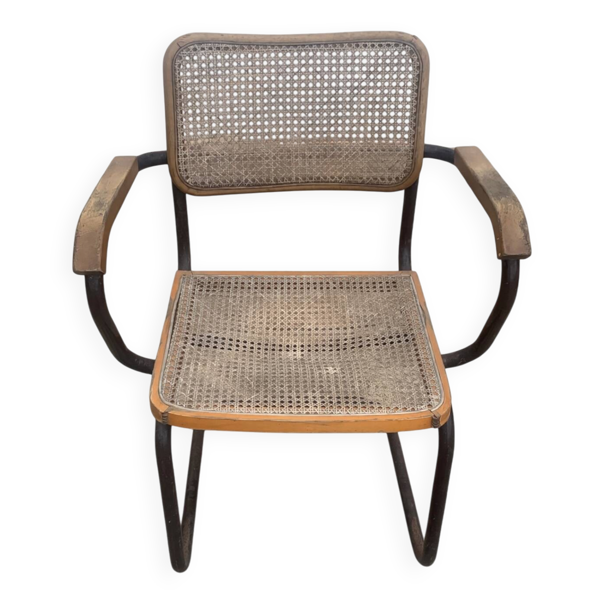 Fauteuil cantilever 1950s fer massif et cannage - Proto Cesca - La mam